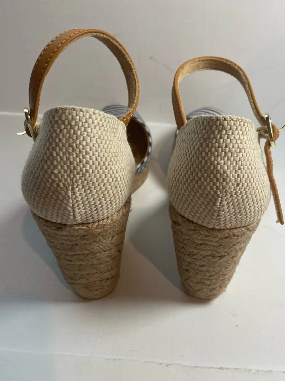White Mountain~Navy/White Striped Cotton Canvas~Espadrille~Wedge~Sandal~Size 8.5
